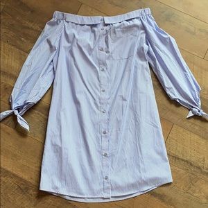 Blue Striped Off The Shoulder Button Dress